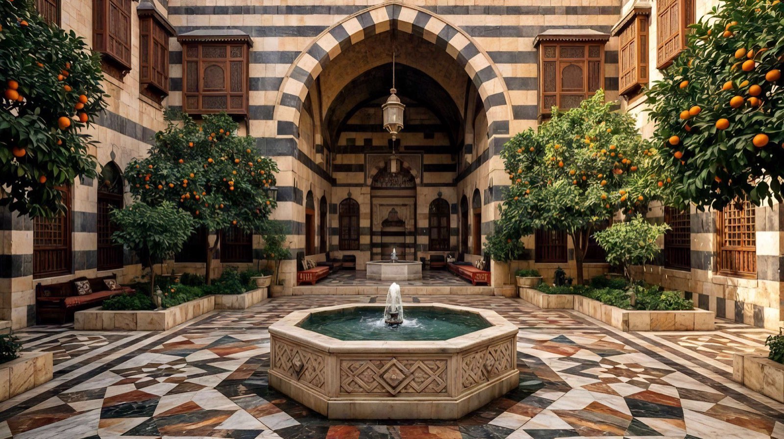 A Damascene courtyard with a fountain and orange trees