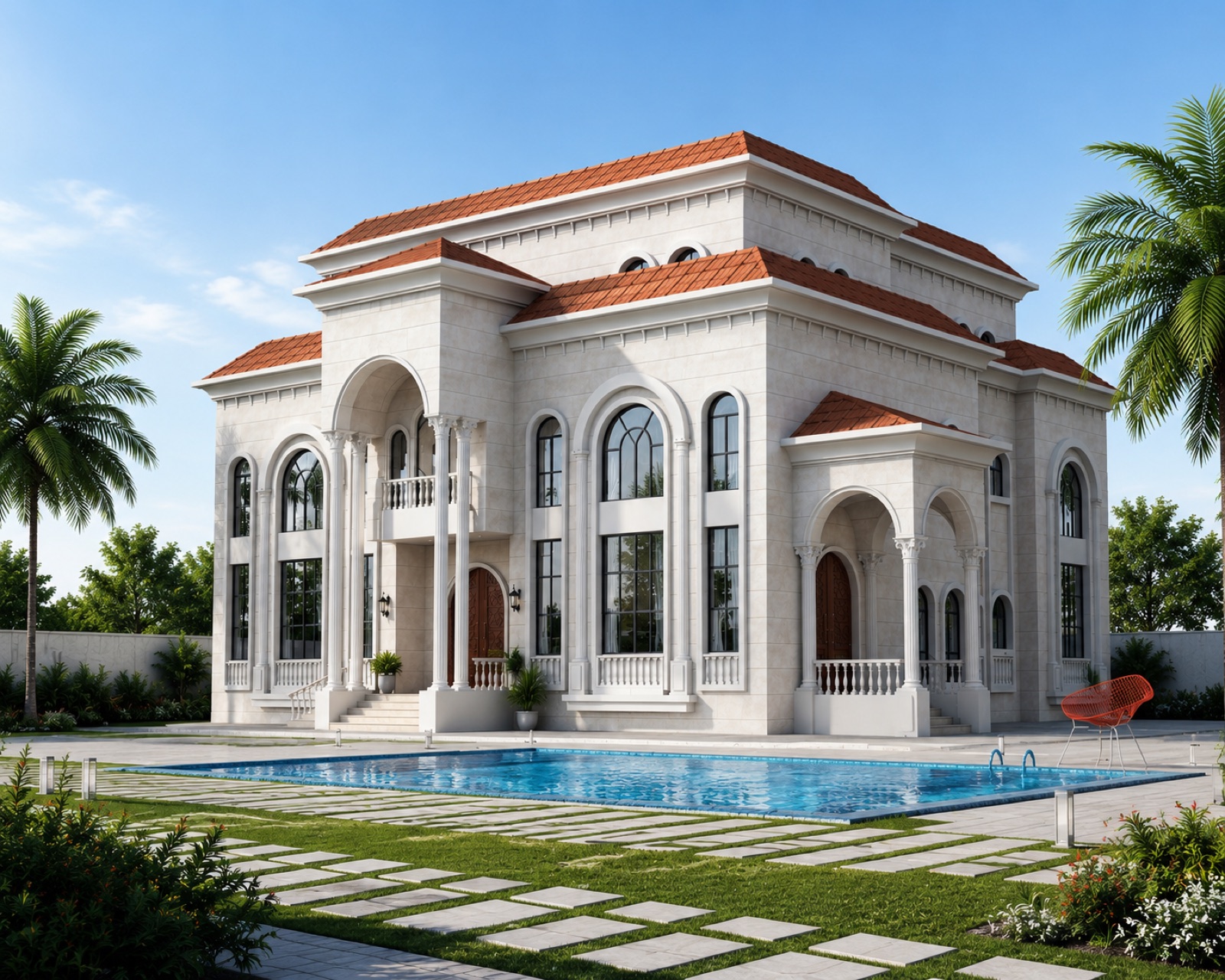 HAA Villa, a neoclassical white villa with arches, columns and a pool