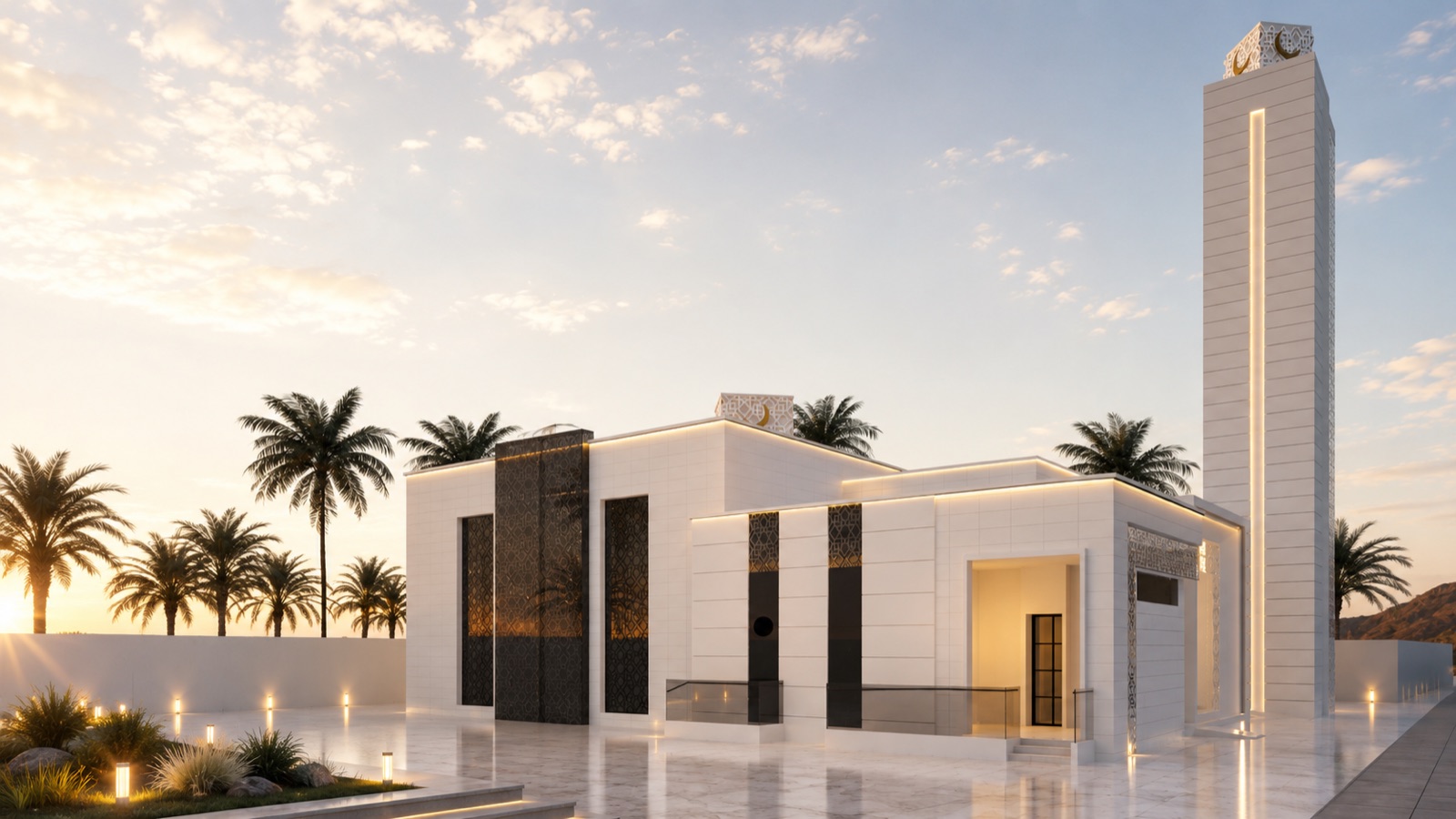 Al Samha Mosque, a contemporary white mosque with a soaring minaret at golden hour